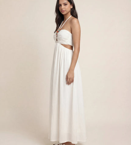 THE ISLA ARTISANAL WOODEN RING CRINKLE MAXI DRESS - WHITE