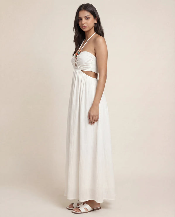 THE ISLA ARTISANAL WOODEN RING CRINKLE MAXI DRESS - WHITE