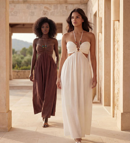 THE ISLA ARTISANAL WOODEN RING CRINKLE MAXI DRESS - WHITE