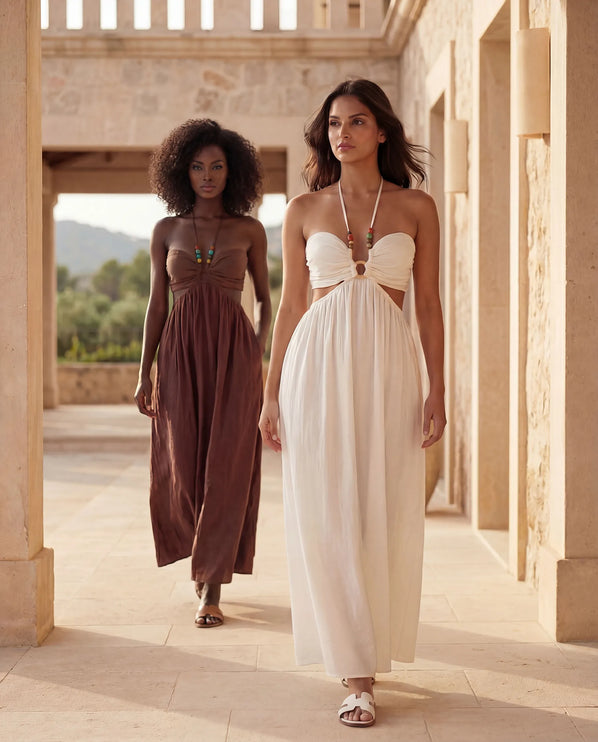 THE ISLA ARTISANAL WOODEN RING CRINKLE MAXI DRESS - WHITE