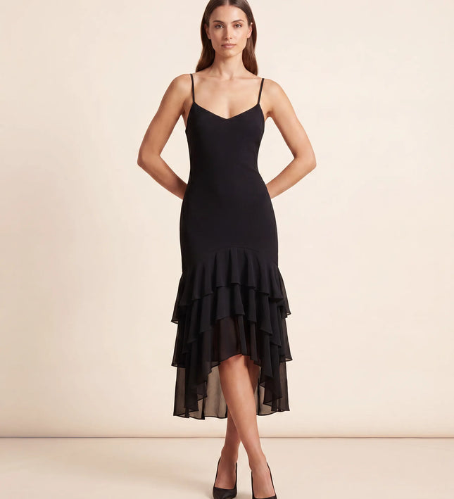 THE SCARLETT RUFFLE HEM MIDI DRESS IN BLACK