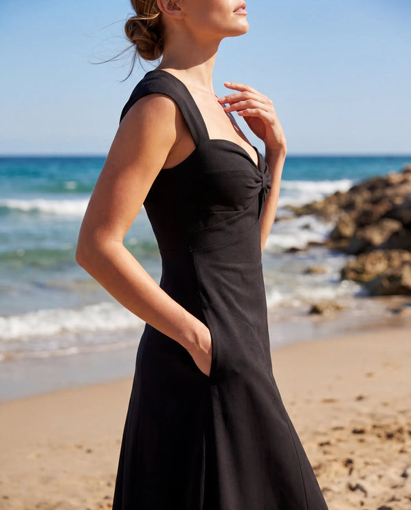 THE ARABELLA CLASP BACK MIDI DRESS IN BLACK