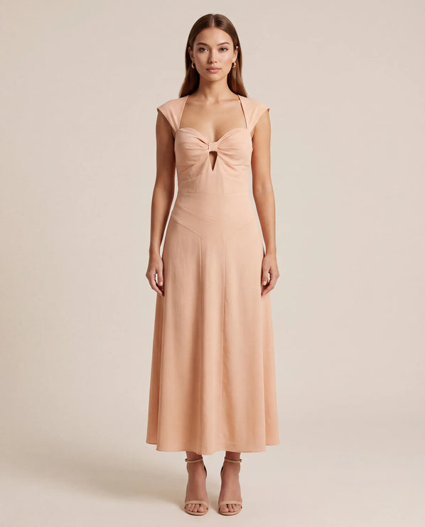THE ARABELLA CLASP BACK MIDI DRESS IN PEACH