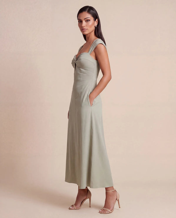 THE ARABELLA CLASP BACK MIDI DRESS IN SAGE