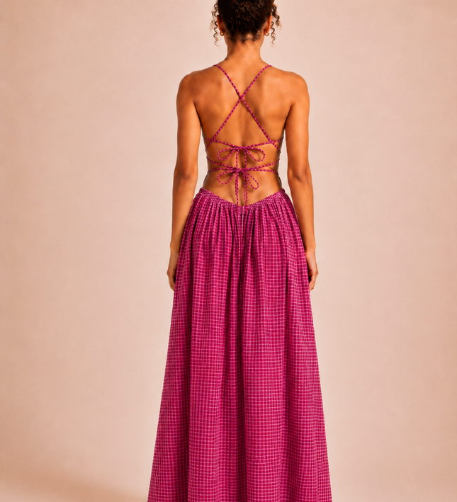 THE SERAPHINA GINGHAM MAXI DRESS IN RASPBERRY PINK