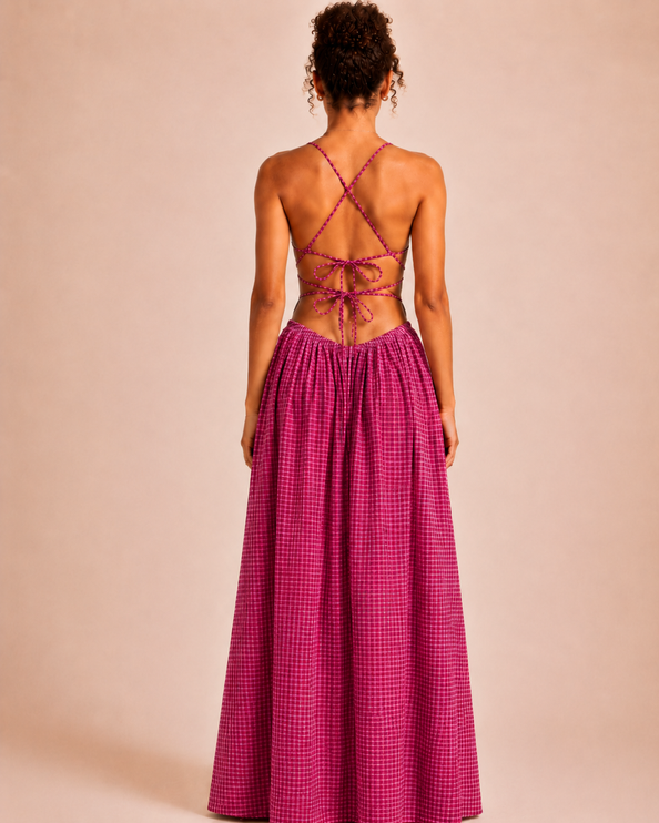 THE SERAPHINA GINGHAM MAXI DRESS IN RASPBERRY PINK
