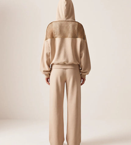 THE ADELINA EMBELLISHED WIDE LEG JOGGERS IN SOFT BEIGE