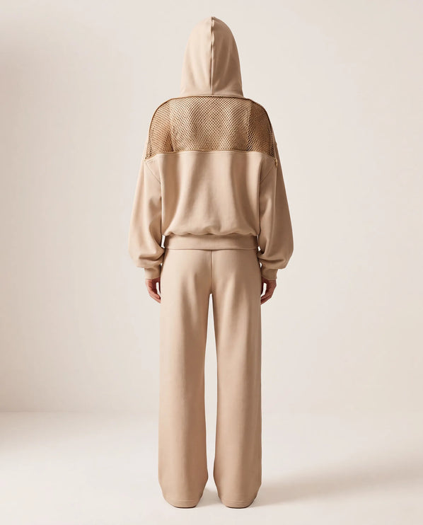 THE ADELINA EMBELLISHED WIDE LEG JOGGERS IN SOFT BEIGE