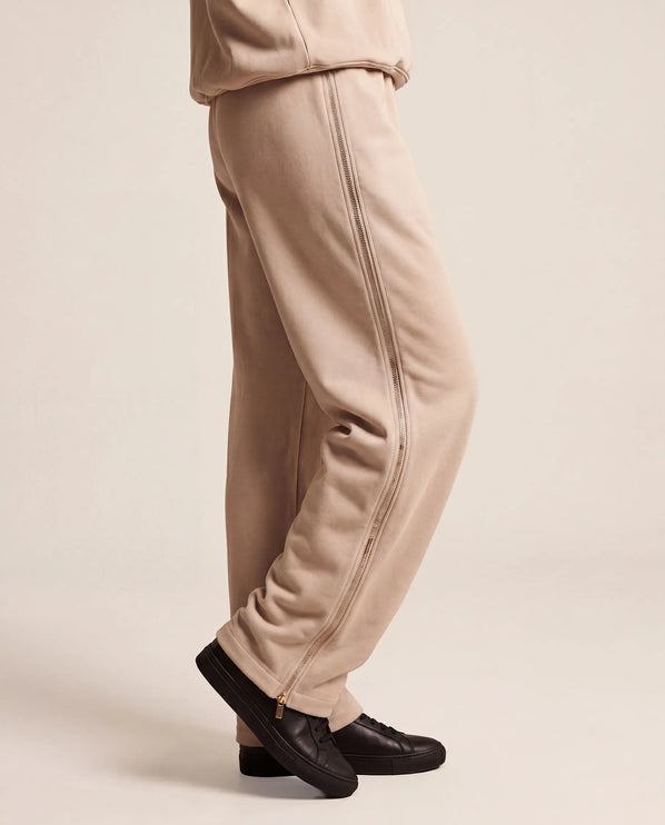 THE ADELINA EMBELLISHED WIDE LEG JOGGERS IN SOFT BEIGE