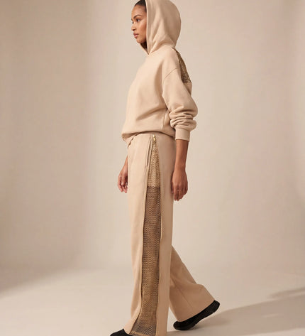 THE ADELINA EMBELLISHED WIDE LEG JOGGERS IN SOFT BEIGE