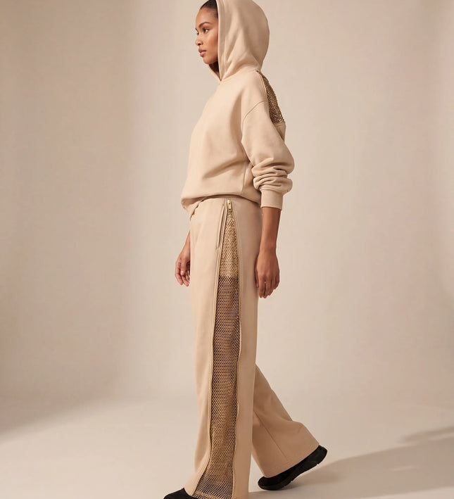 THE ADELINA EMBELLISHED WIDE LEG JOGGERS IN SOFT BEIGE