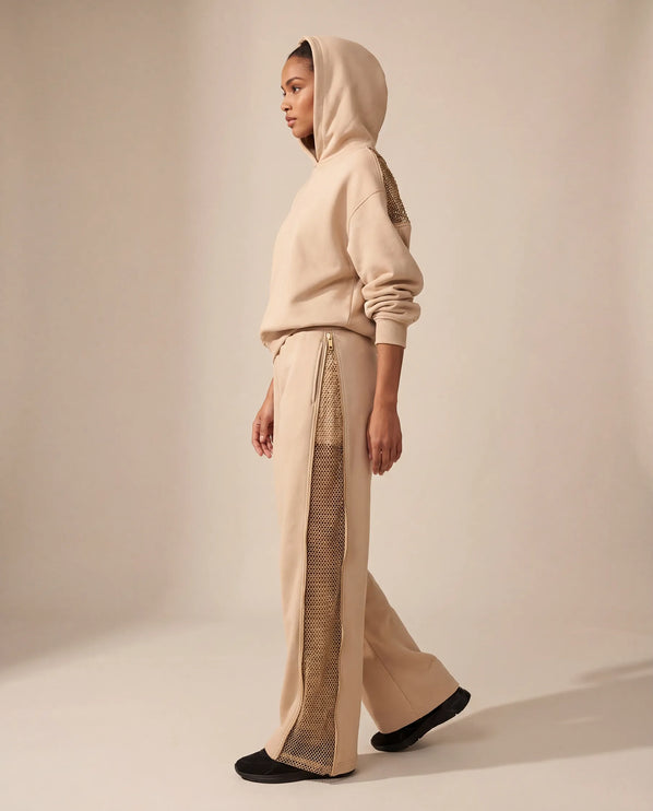 THE ADELINA EMBELLISHED WIDE LEG JOGGERS IN SOFT BEIGE