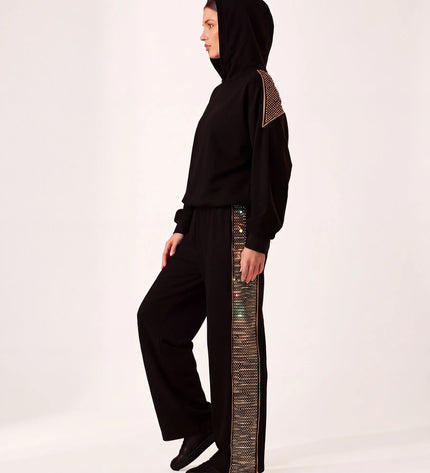 THE ADELINA EMBELLISHED WIDE LEG JOGGERS IN BLACK