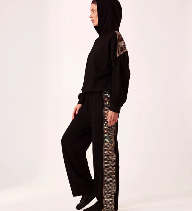 THE ADELINA EMBELLISHED WIDE LEG JOGGERS IN BLACK
