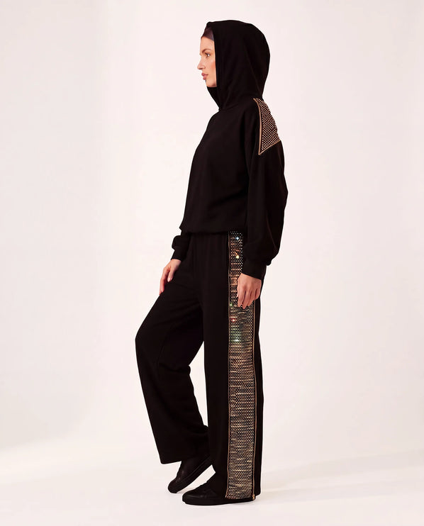 THE ADELINA EMBELLISHED WIDE LEG JOGGERS IN BLACK
