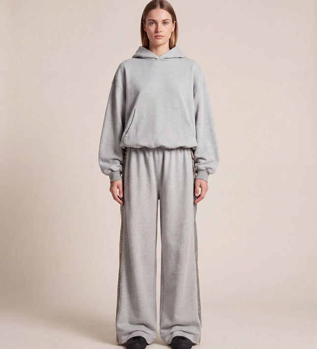 THE ADELINA EMBELLISHED WIDE LEG JOGGERS IN GREY MARL