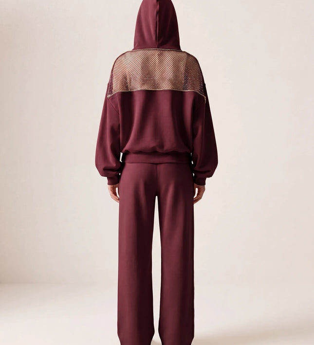 THE ADELINA EMBELLISHED WIDE LEG JOGGERS IN BURGUNDY