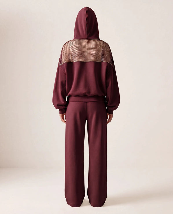 THE ADELINA EMBELLISHED WIDE LEG JOGGERS IN BURGUNDY