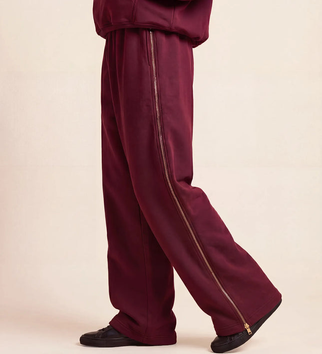 THE ADELINA EMBELLISHED WIDE LEG JOGGERS IN BURGUNDY