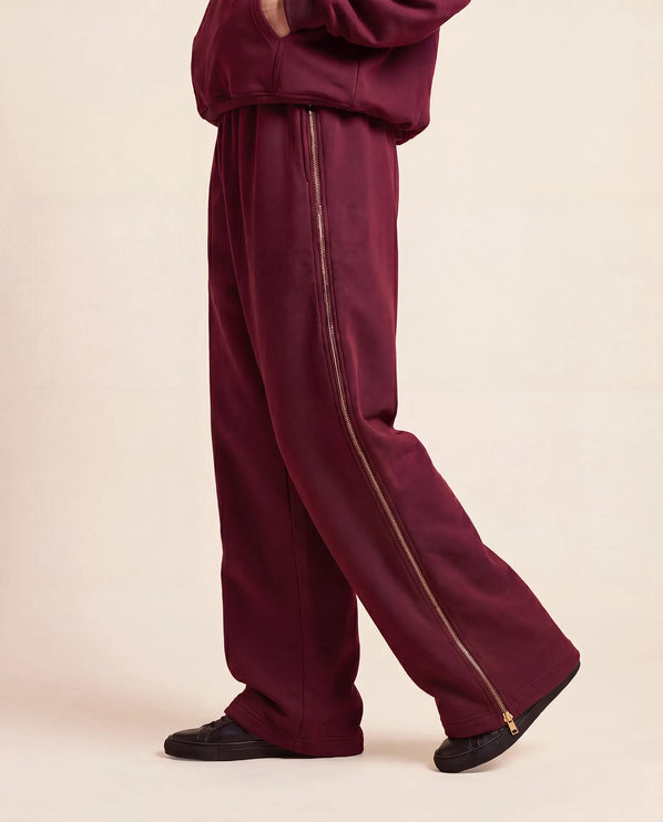 THE ADELINA EMBELLISHED WIDE LEG JOGGERS IN BURGUNDY