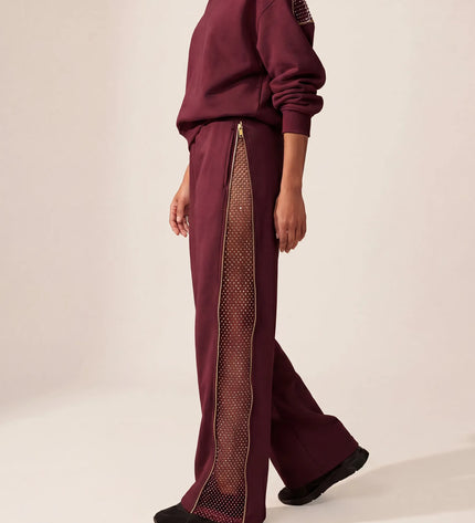 THE ADELINA EMBELLISHED WIDE LEG JOGGERS IN BURGUNDY