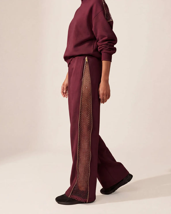 THE ADELINA EMBELLISHED WIDE LEG JOGGERS IN BURGUNDY