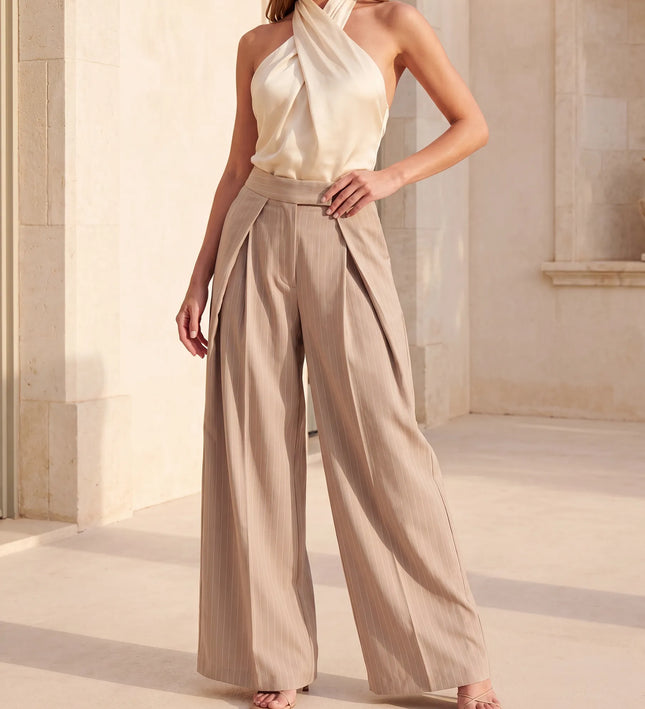 THE AVERY PINSTRIPE WIDE LEG TROUSERS IN BEIGE