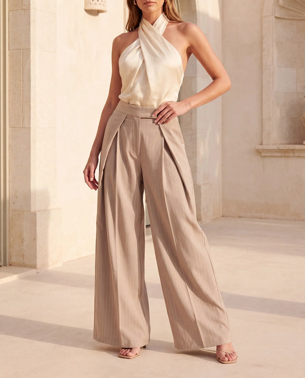 THE AVERY PINSTRIPE WIDE LEG TROUSERS IN BEIGE