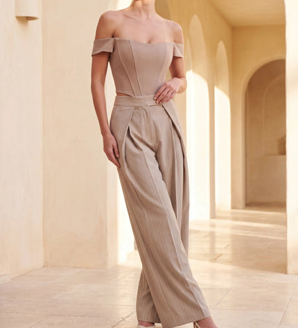 THE AVERY PINSTRIPE WIDE LEG TROUSERS IN BEIGE