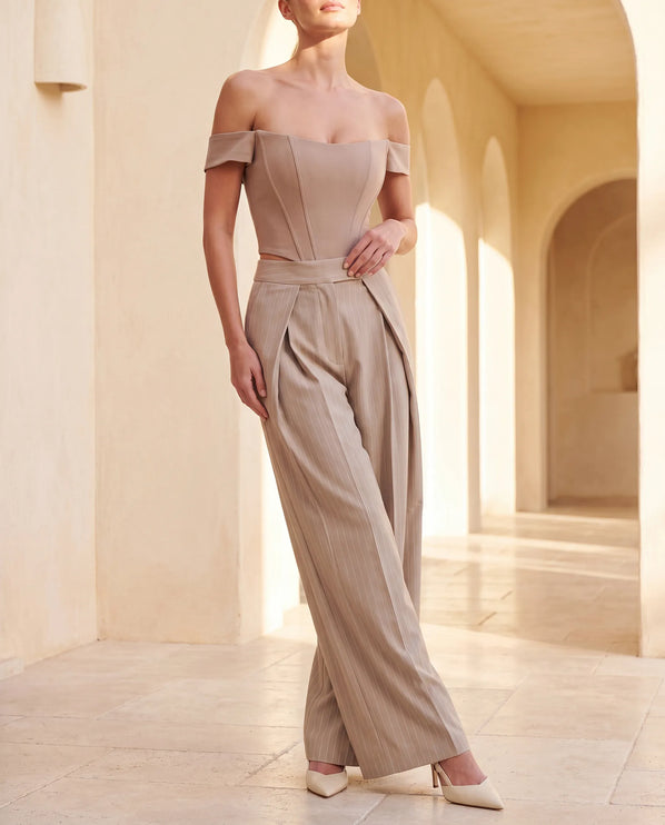 THE AVERY PINSTRIPE WIDE LEG TROUSERS IN BEIGE