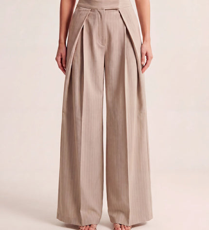 THE AVERY PINSTRIPE WIDE LEG TROUSERS IN BEIGE