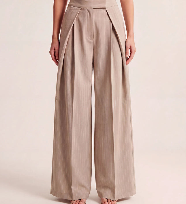 THE AVERY PINSTRIPE WIDE LEG TROUSERS IN BEIGE