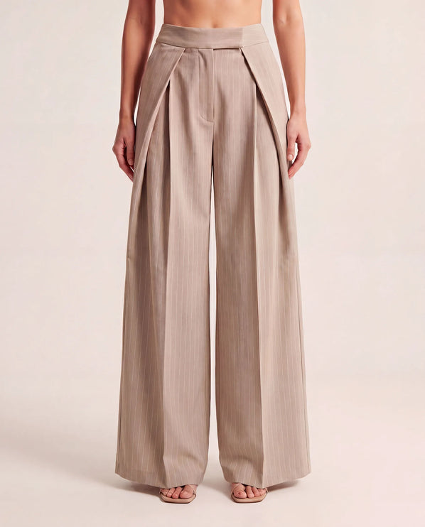 THE AVERY PINSTRIPE WIDE LEG TROUSERS IN BEIGE