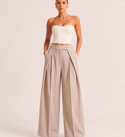 THE AVERY PINSTRIPE WIDE LEG TROUSERS IN BEIGE