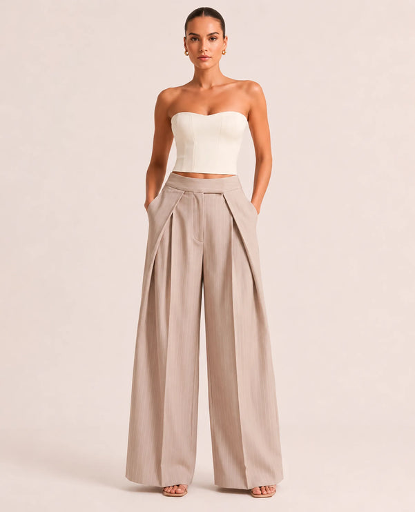 THE AVERY PINSTRIPE WIDE LEG TROUSERS IN BEIGE