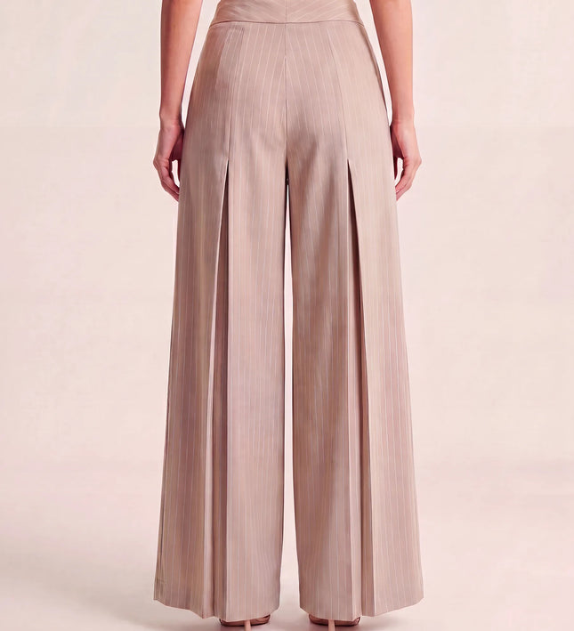 THE AVERY PINSTRIPE WIDE LEG TROUSERS IN BEIGE