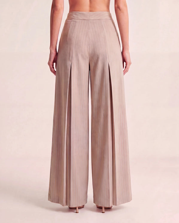 THE AVERY PINSTRIPE WIDE LEG TROUSERS IN BEIGE
