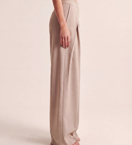 THE AVERY PINSTRIPE WIDE LEG TROUSERS IN BEIGE