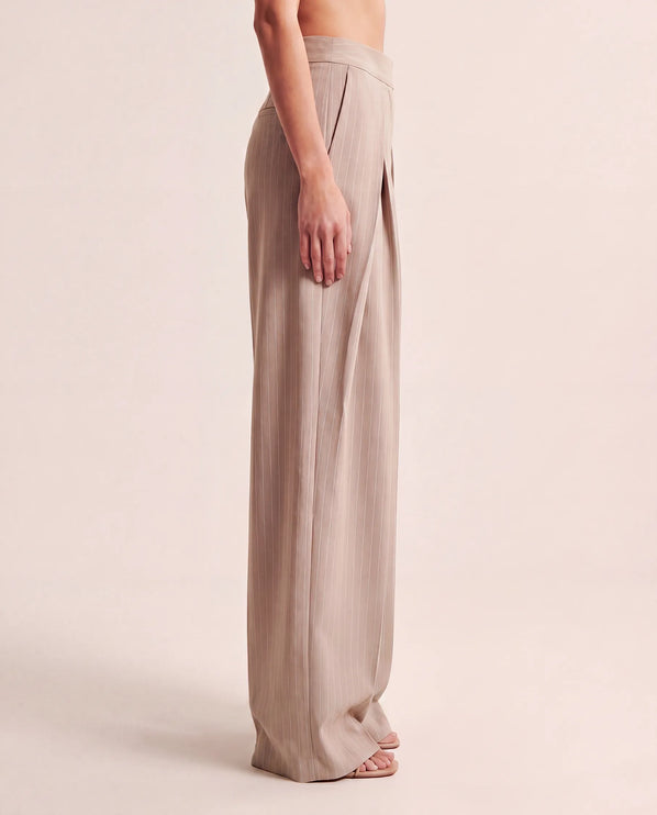 THE AVERY PINSTRIPE WIDE LEG TROUSERS IN BEIGE