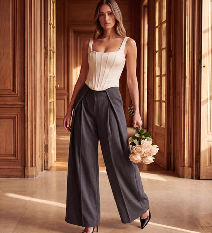 THE AVERY PINSTRIPE WIDE LEG TROUSERS IN CHARCOAL