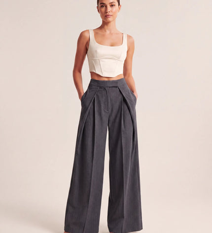 THE AVERY PINSTRIPE WIDE LEG TROUSERS IN CHARCOAL