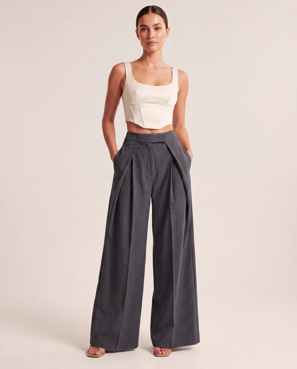 THE AVERY PINSTRIPE WIDE LEG TROUSERS IN CHARCOAL