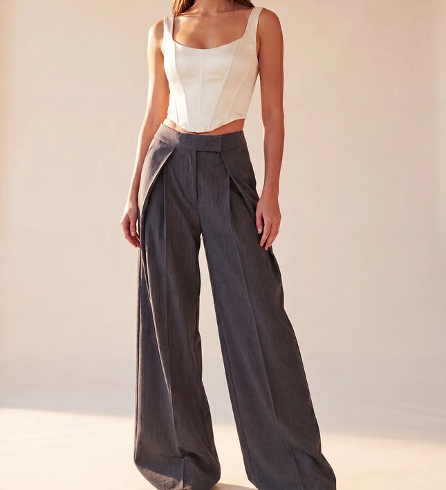 THE AVERY PINSTRIPE WIDE LEG TROUSERS IN CHARCOAL