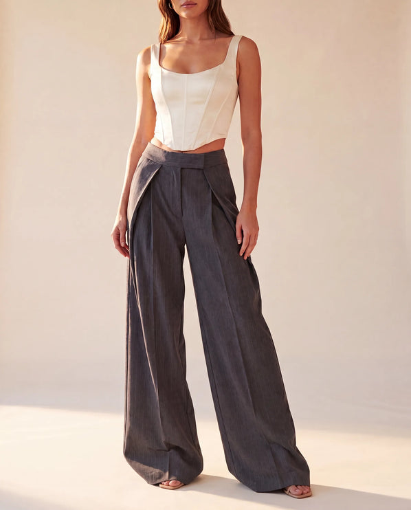 THE AVERY PINSTRIPE WIDE LEG TROUSERS IN CHARCOAL