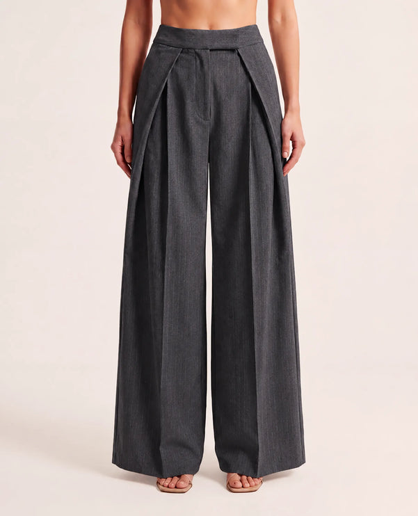 THE AVERY PINSTRIPE WIDE LEG TROUSERS IN CHARCOAL