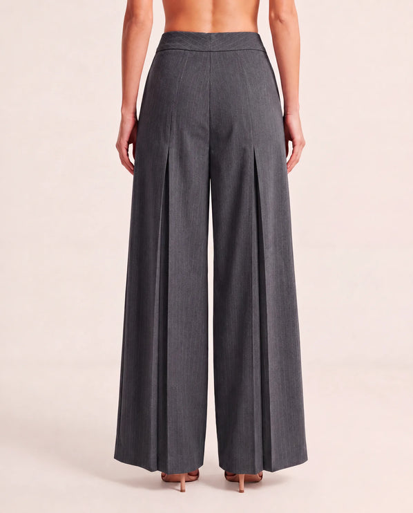 THE AVERY PINSTRIPE WIDE LEG TROUSERS IN CHARCOAL