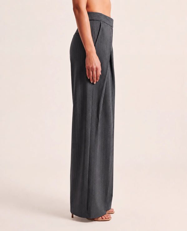 THE AVERY PINSTRIPE WIDE LEG TROUSERS IN CHARCOAL