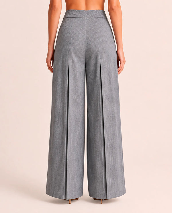 THE AVERY PINSTRIPE WIDE LEG TROUSERS IN GREY