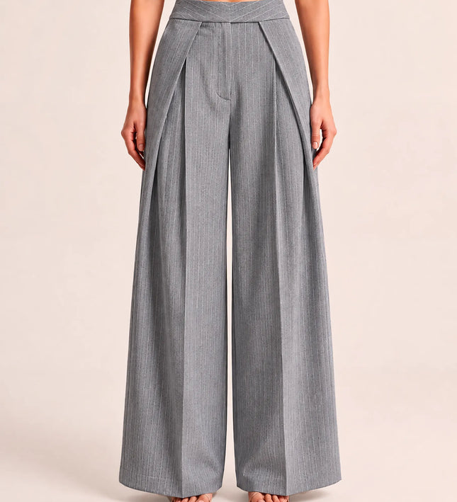 THE AVERY PINSTRIPE WIDE LEG TROUSERS IN GREY