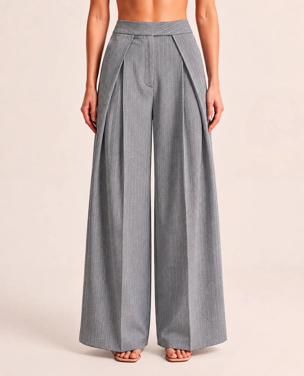 THE AVERY PINSTRIPE WIDE LEG TROUSERS IN GREY